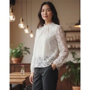 Loft White Eyelet Long Sleeve Blouse With Cotton Camisole Size Med